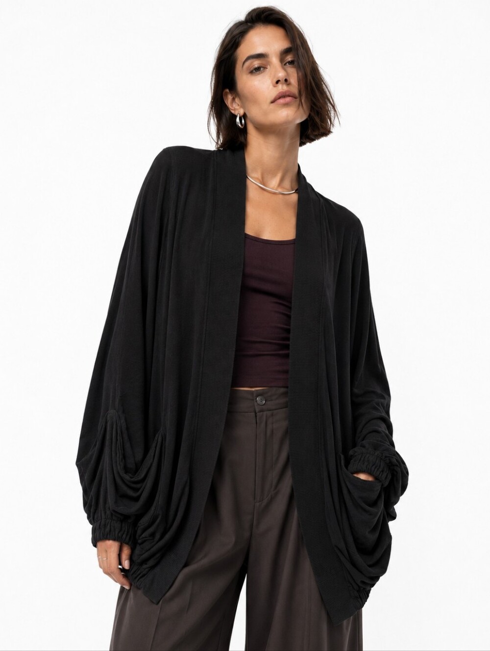 AIKO Black Modal Supima Cotton Draped Pocket Cardigan XSh